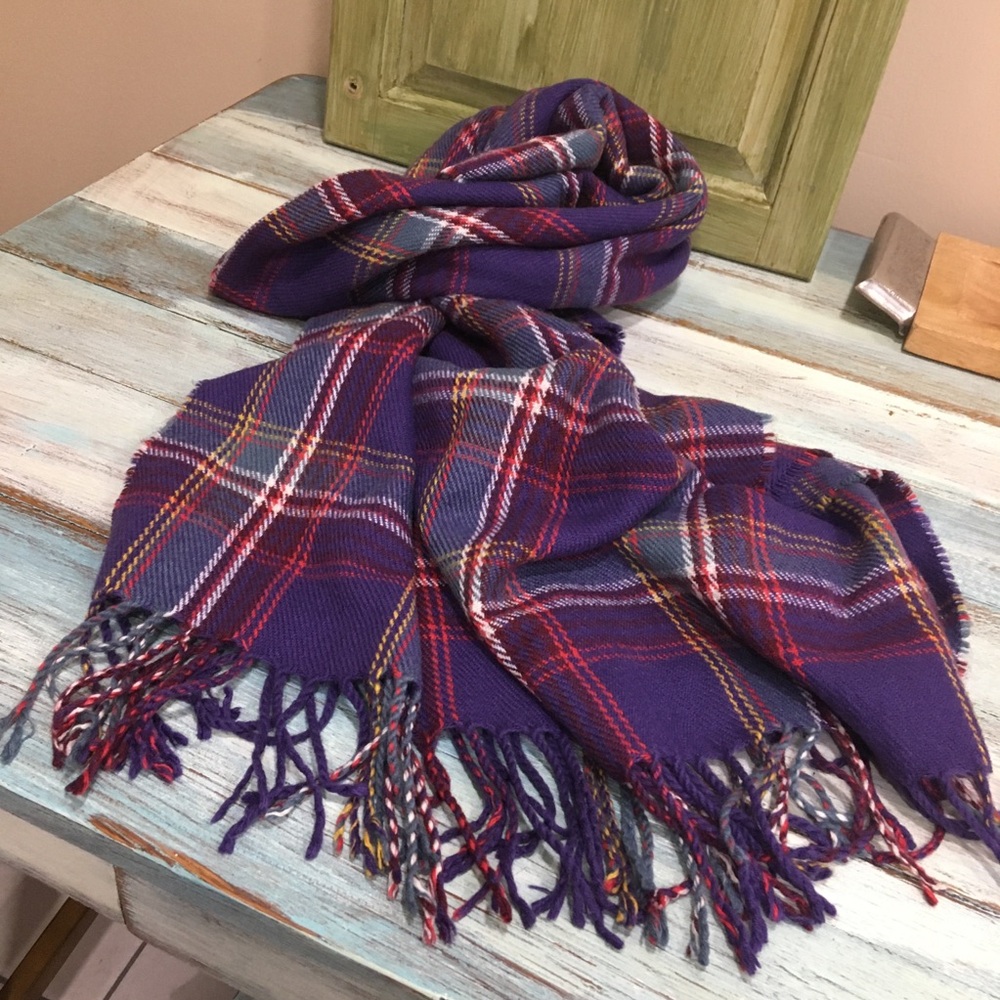 Eddie Bauer Purple and Red Plaid Fringe Scarf Preppy NWOT
